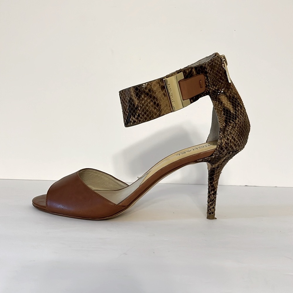 MICHAEL KORS Brown Leather Snake Print Ankle Cuff Heels Sz 10